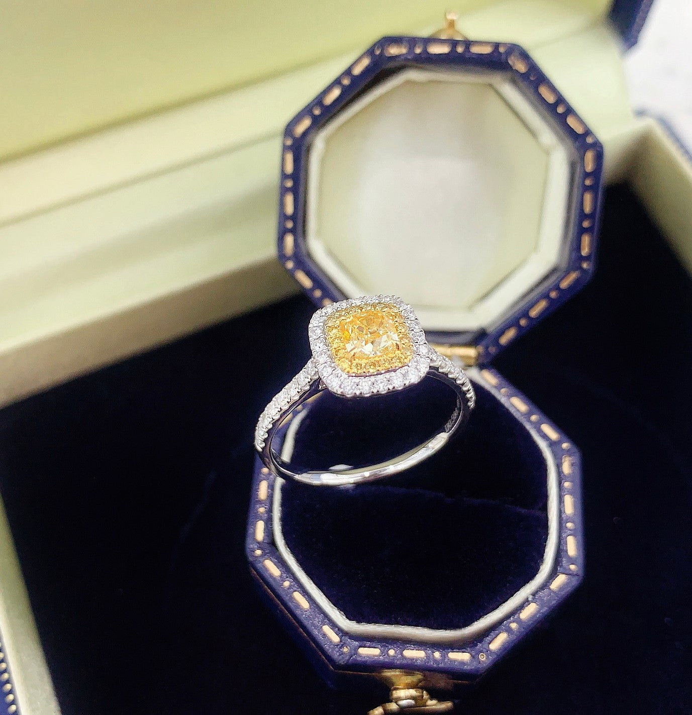 Luxurious Cushion-Cut Yellow Diamond Ring with Surrounding Diamonds - Premium Jewelry - Yellow Diamond Ring