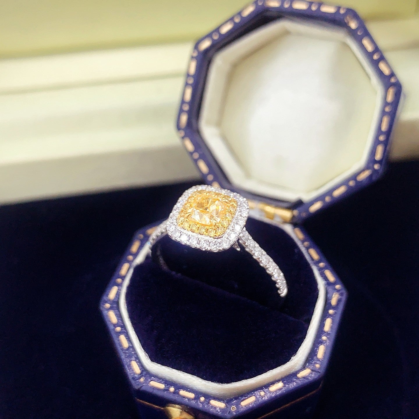 Luxurious Cushion-Cut Yellow Diamond Ring with Surrounding Diamonds - Premium Jewelry - Yellow Diamond Ring