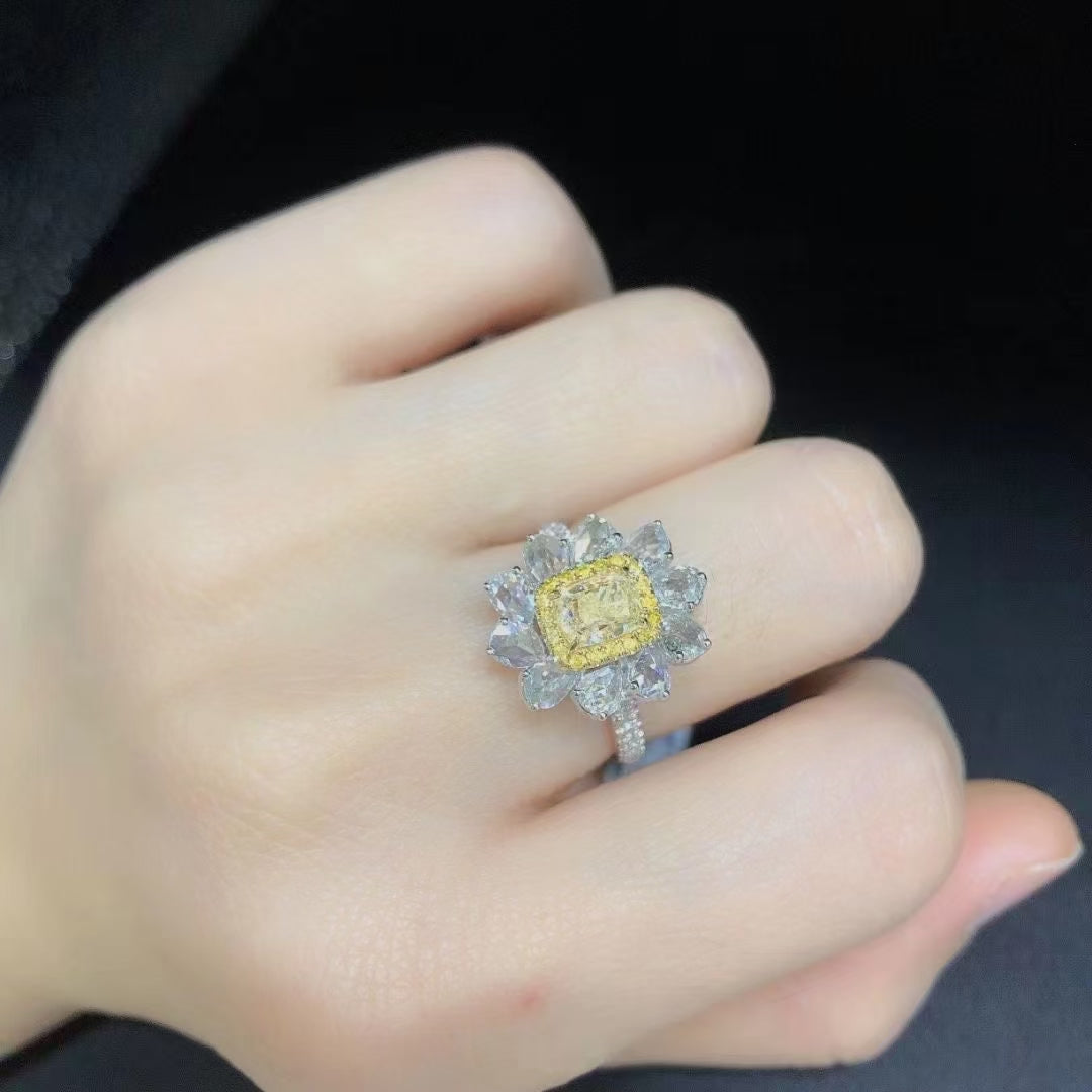 Luxurious Cushion-Cut Yellow Diamond Rose Drop Ring - Premium Jewelry - Yellow Diamond Ring