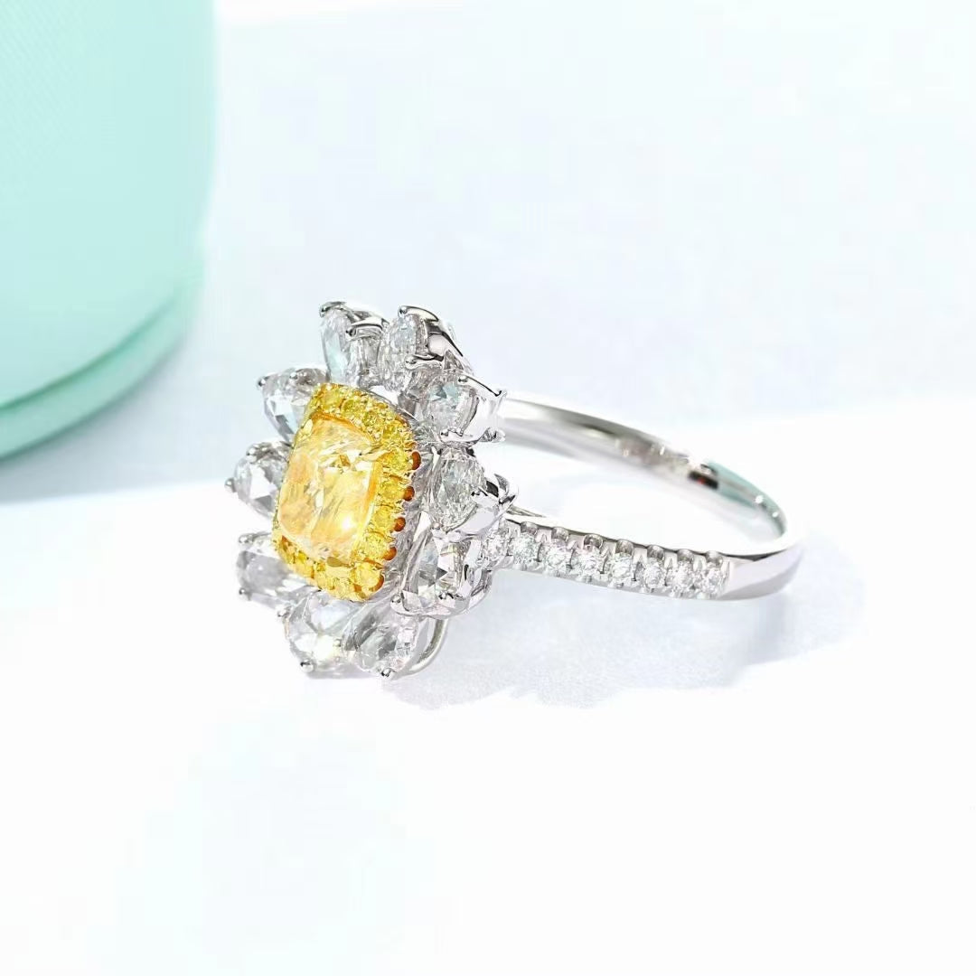 Luxurious Cushion-Cut Yellow Diamond Rose Drop Ring - Premium Jewelry - Yellow Diamond Ring