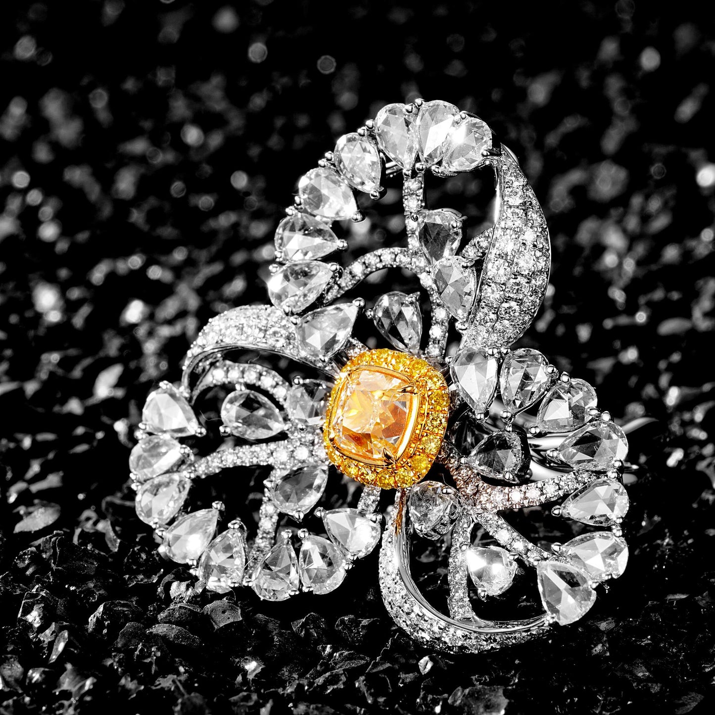 Luxurious Cushion-Cut Yellow Diamond Three-Leaf Rose Ring - Fine Jewelry - Yellow Diamond Ring