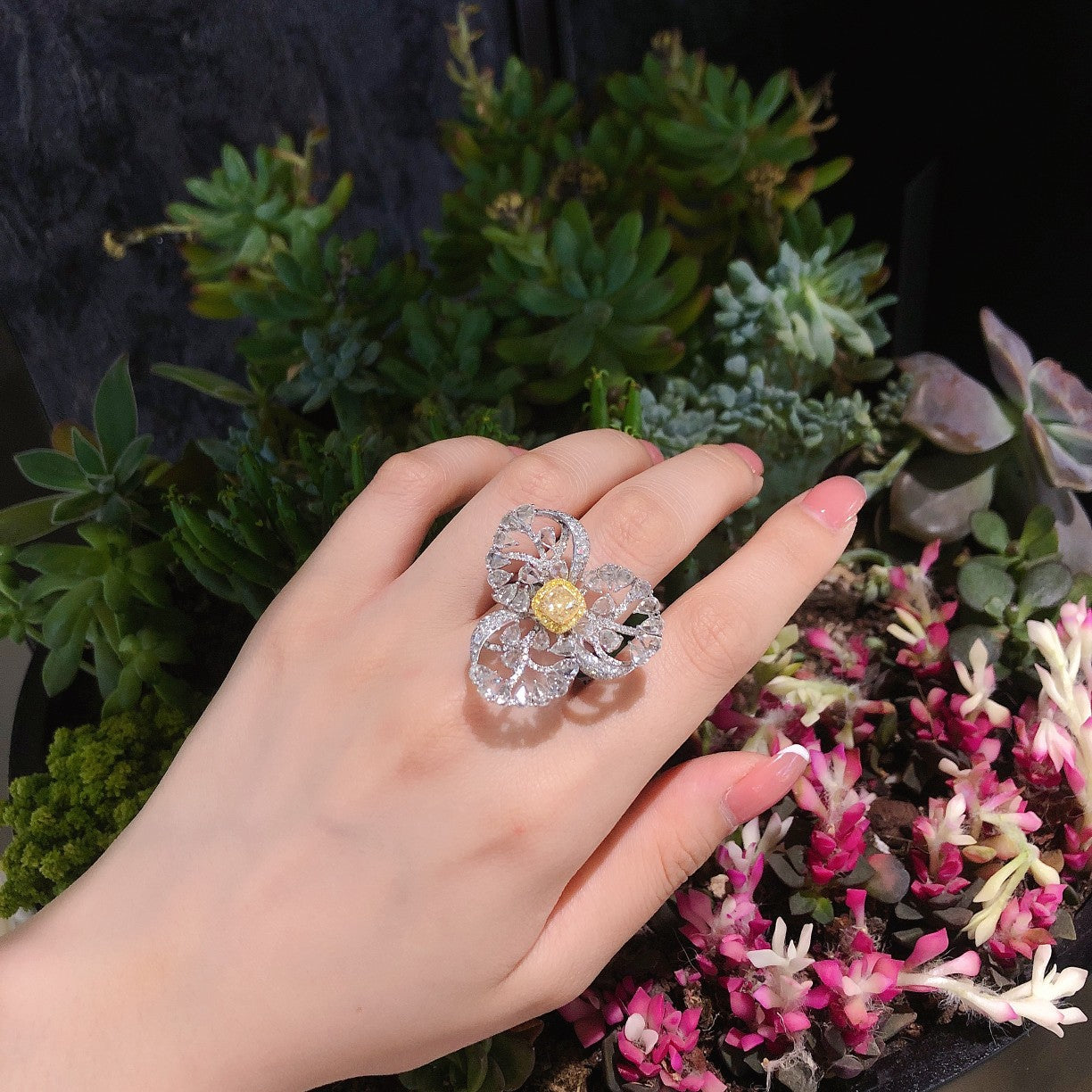 Luxurious Cushion-Cut Yellow Diamond Three-Leaf Rose Ring - Fine Jewelry - Yellow Diamond Ring