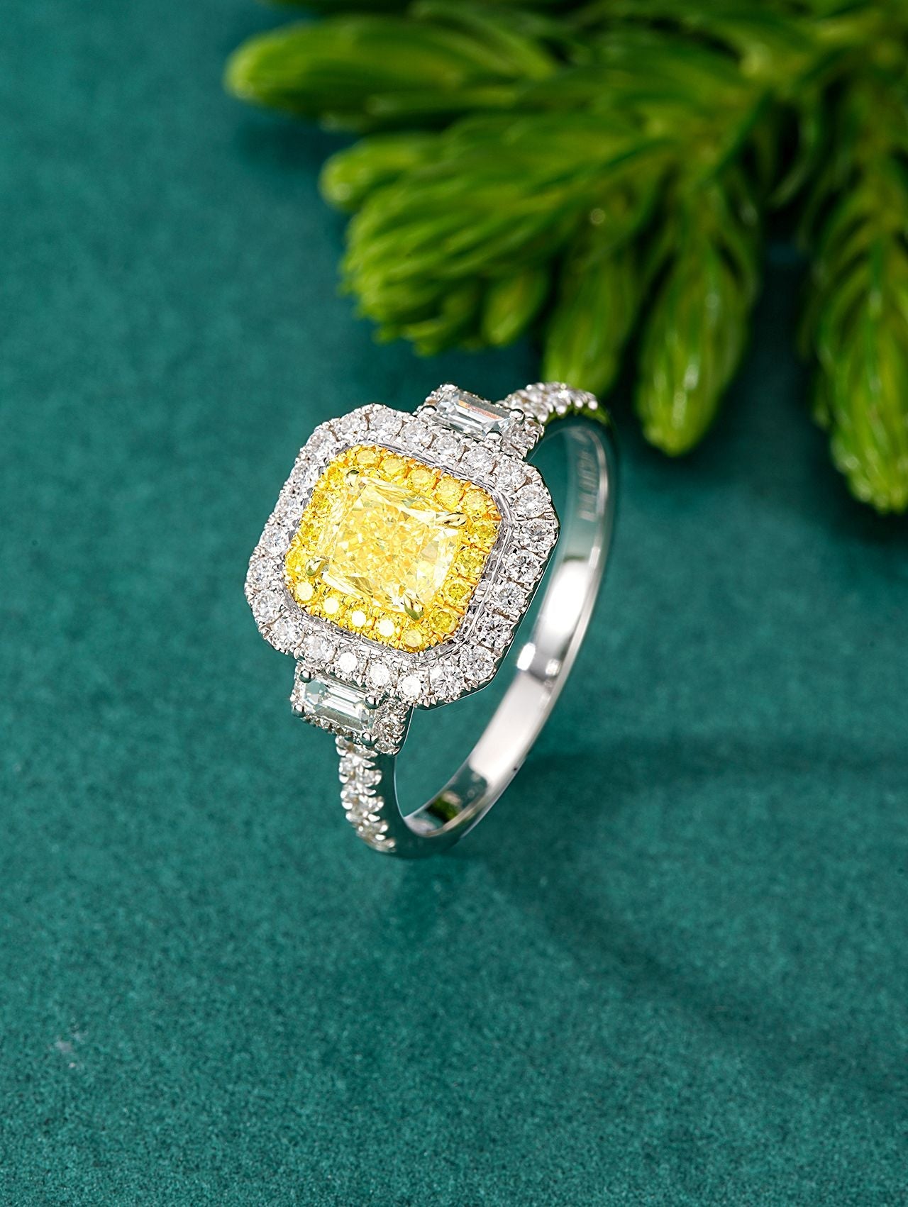 Luxurious Diamond Double T Ring with Cushion Halo - Premium Jewelry - Yellow Diamond Ring