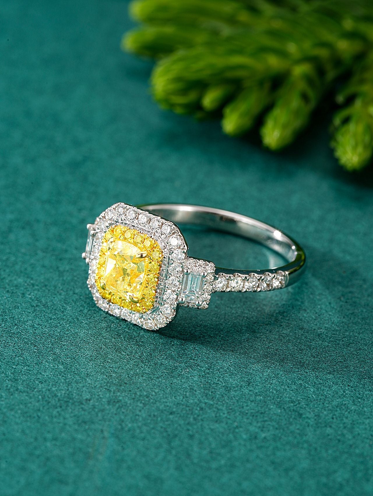 Luxurious Diamond Double T Ring with Cushion Halo - Premium Jewelry - Yellow Diamond Ring