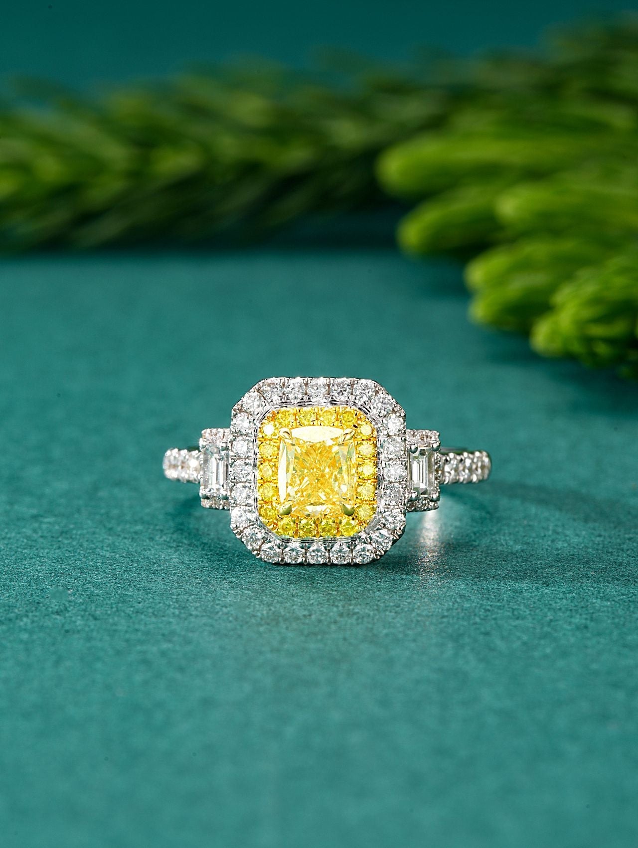 Luxurious Diamond Double T Ring with Cushion Halo - Premium Jewelry - Yellow Diamond Ring