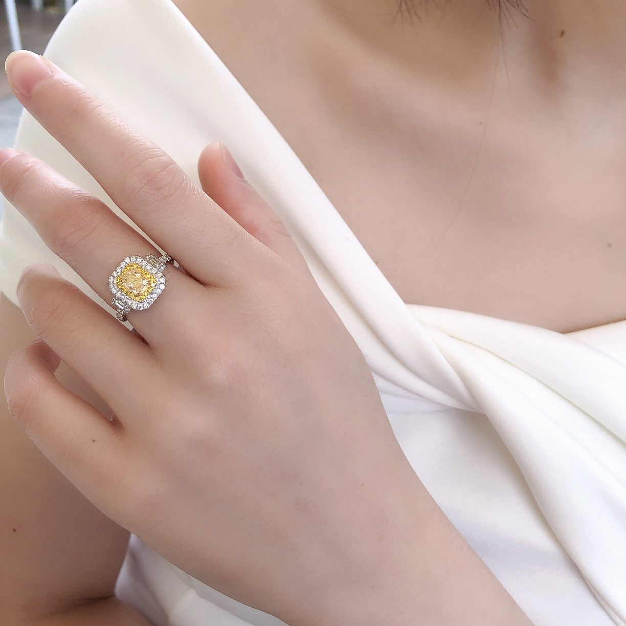 Luxurious Diamond Double T Ring with Cushion Halo - Premium Jewelry - Yellow Diamond Ring