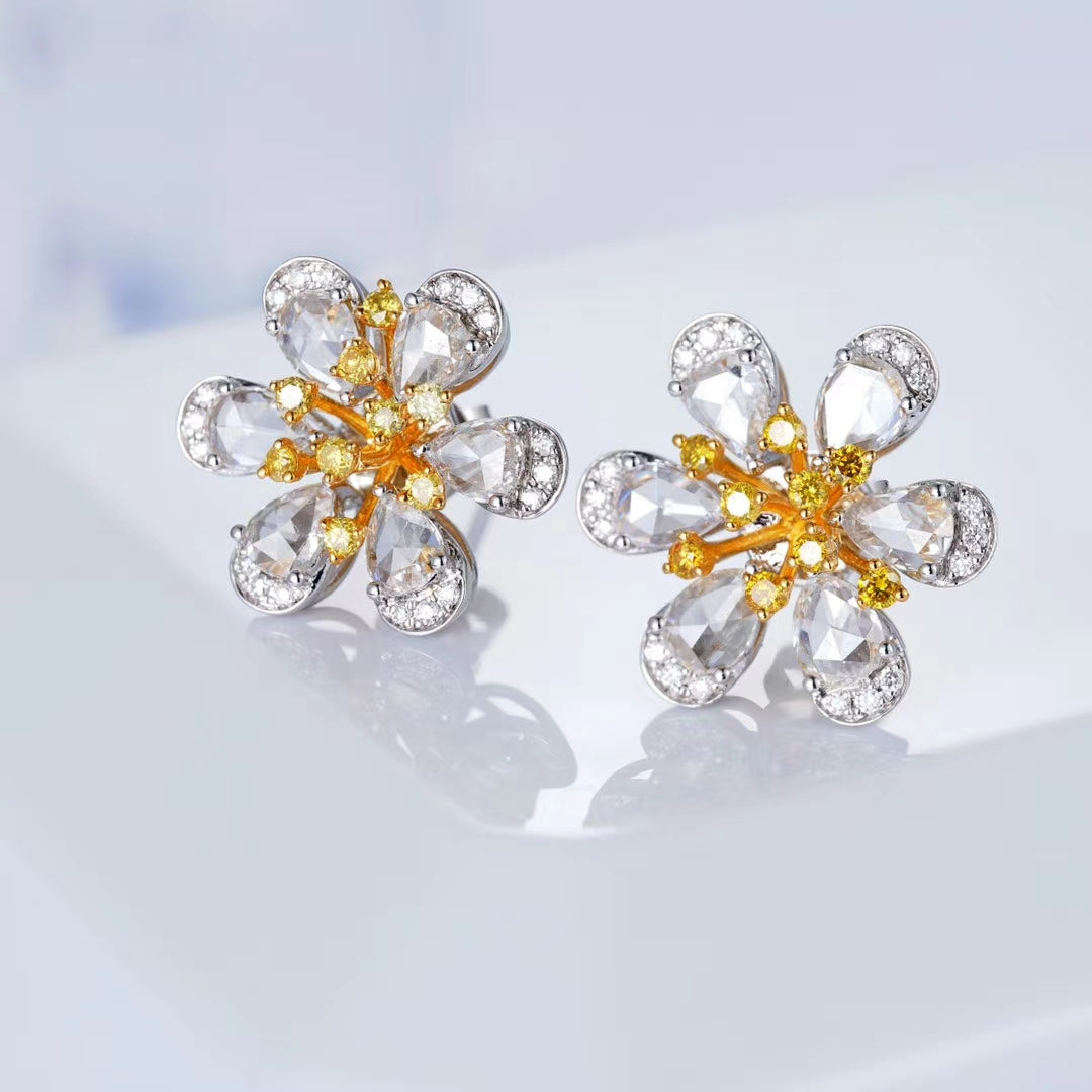 Luxurious Diamond Six-Petal Flower Stud Earrings Jeweler.Jewelry