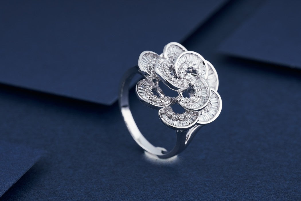 Luxurious Double-Layer T-Flower Ring (Large Size) - Premium Jewelry - White Diamond Ring