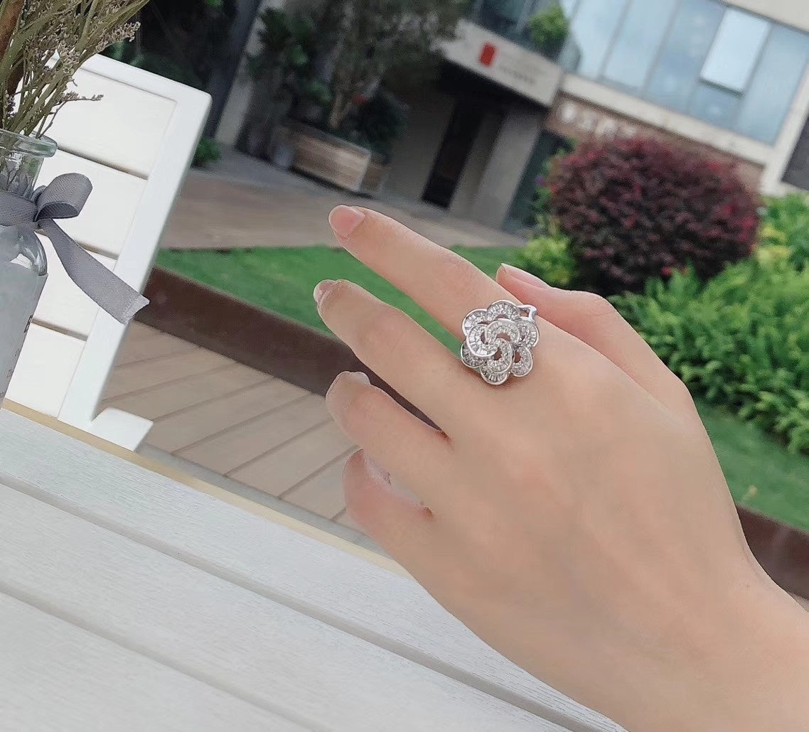 Luxurious Double-Layer T-Flower Ring (Large Size) - Premium Jewelry - White Diamond Ring