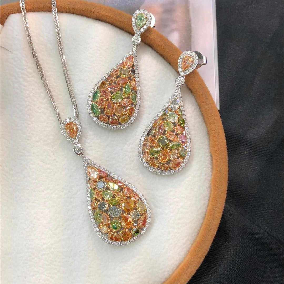 Luxurious Seven-Color Diamond Pendant and Earring Set - Premium Jewelry Collection - Yellow Diamond Pendant