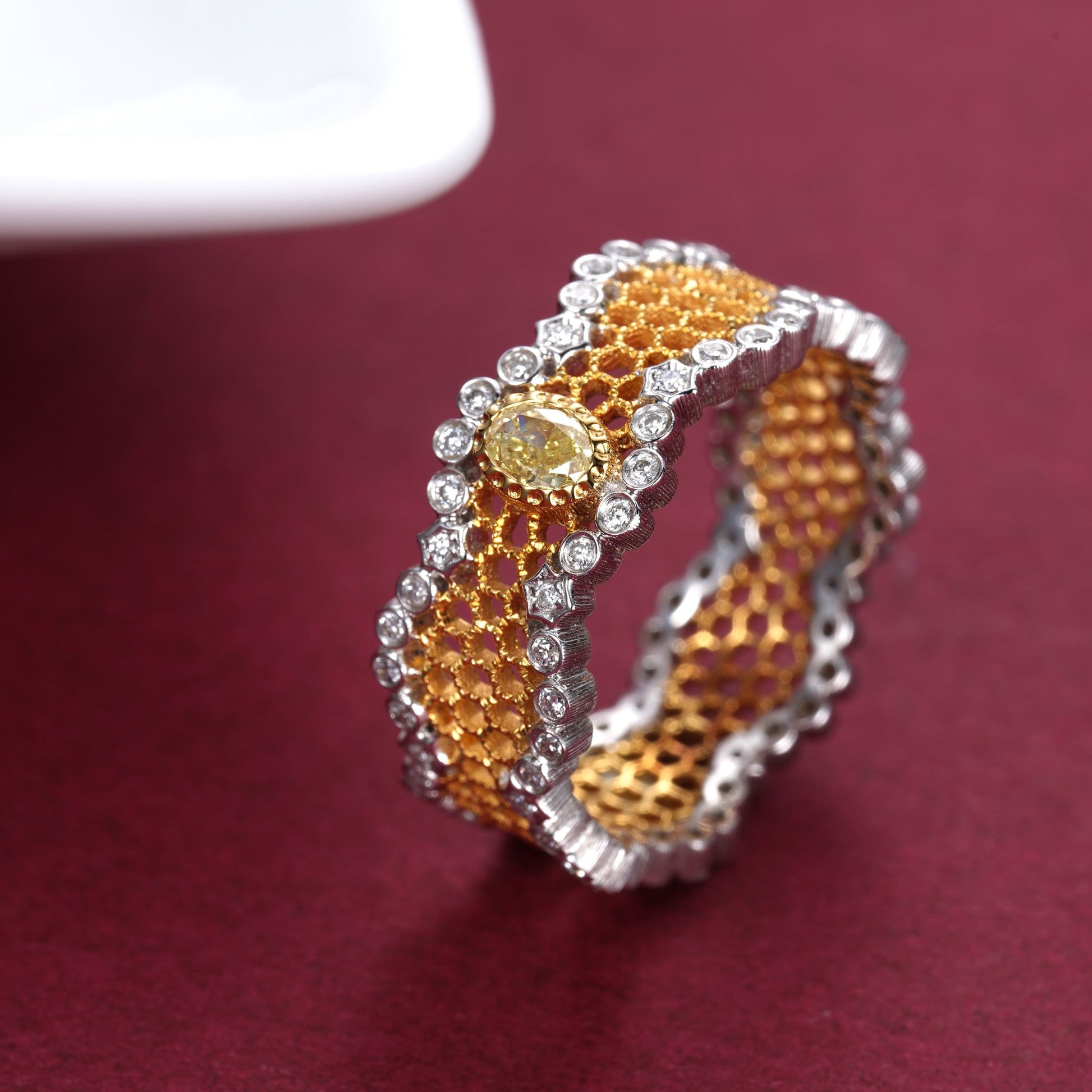 Luxurious Yellow Diamond Hive Ring - Premium Jewelry Collection - Yellow Diamond Ring