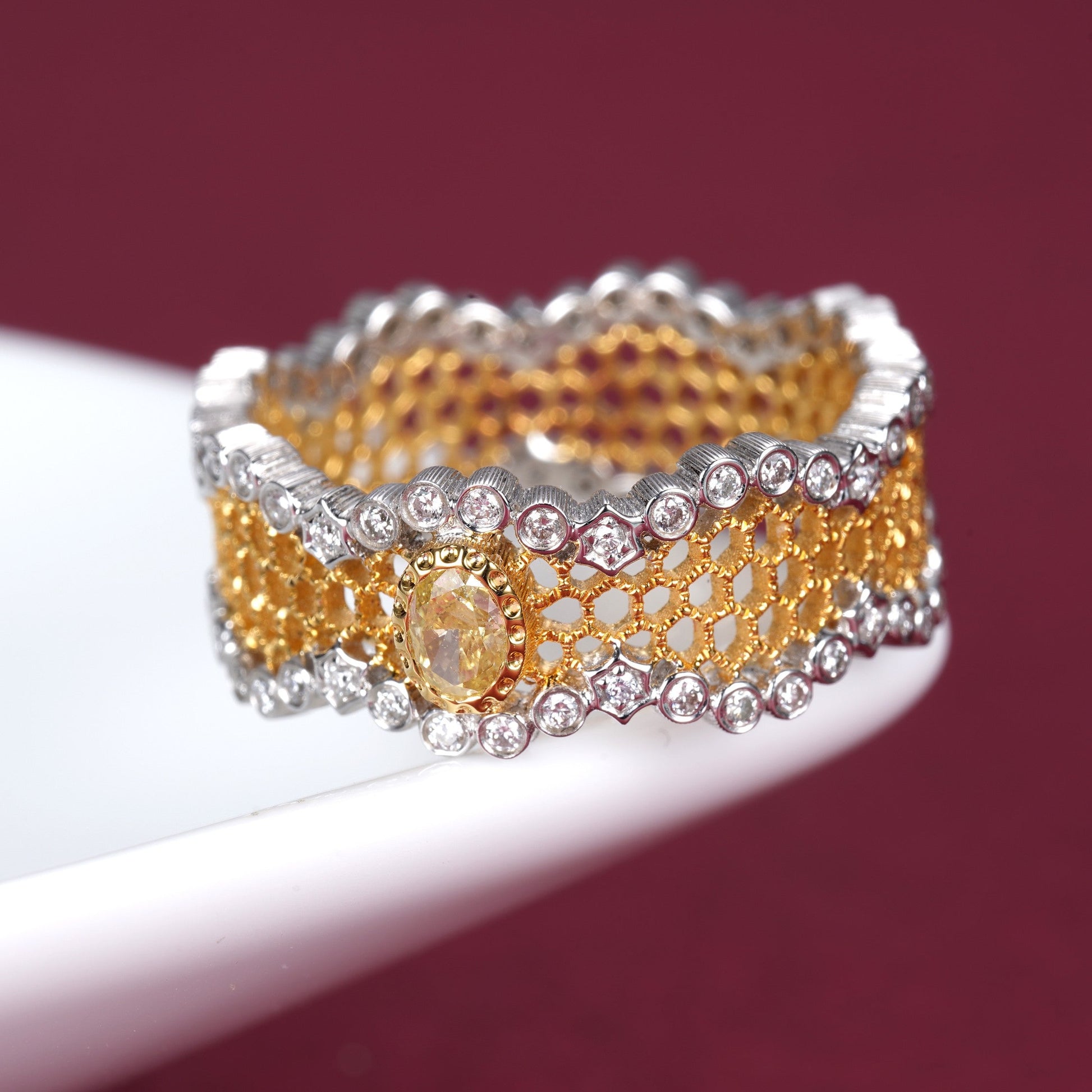 Luxurious Yellow Diamond Hive Ring - Premium Jewelry Collection - Yellow Diamond Ring