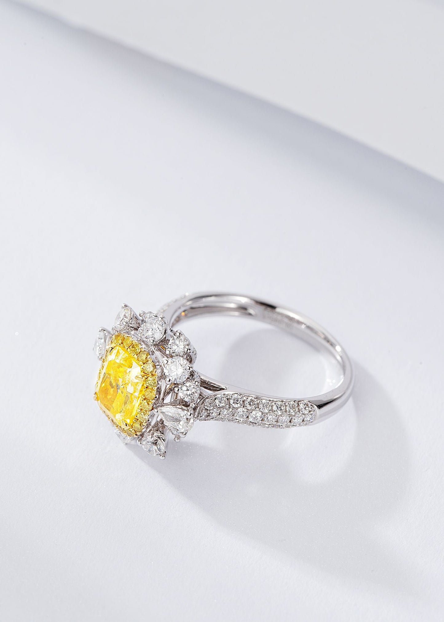 Luxury Cushion-Cut Yellow Diamond Ring with Round Diamonds - Premium Jewelry - Yellow Diamond Ring