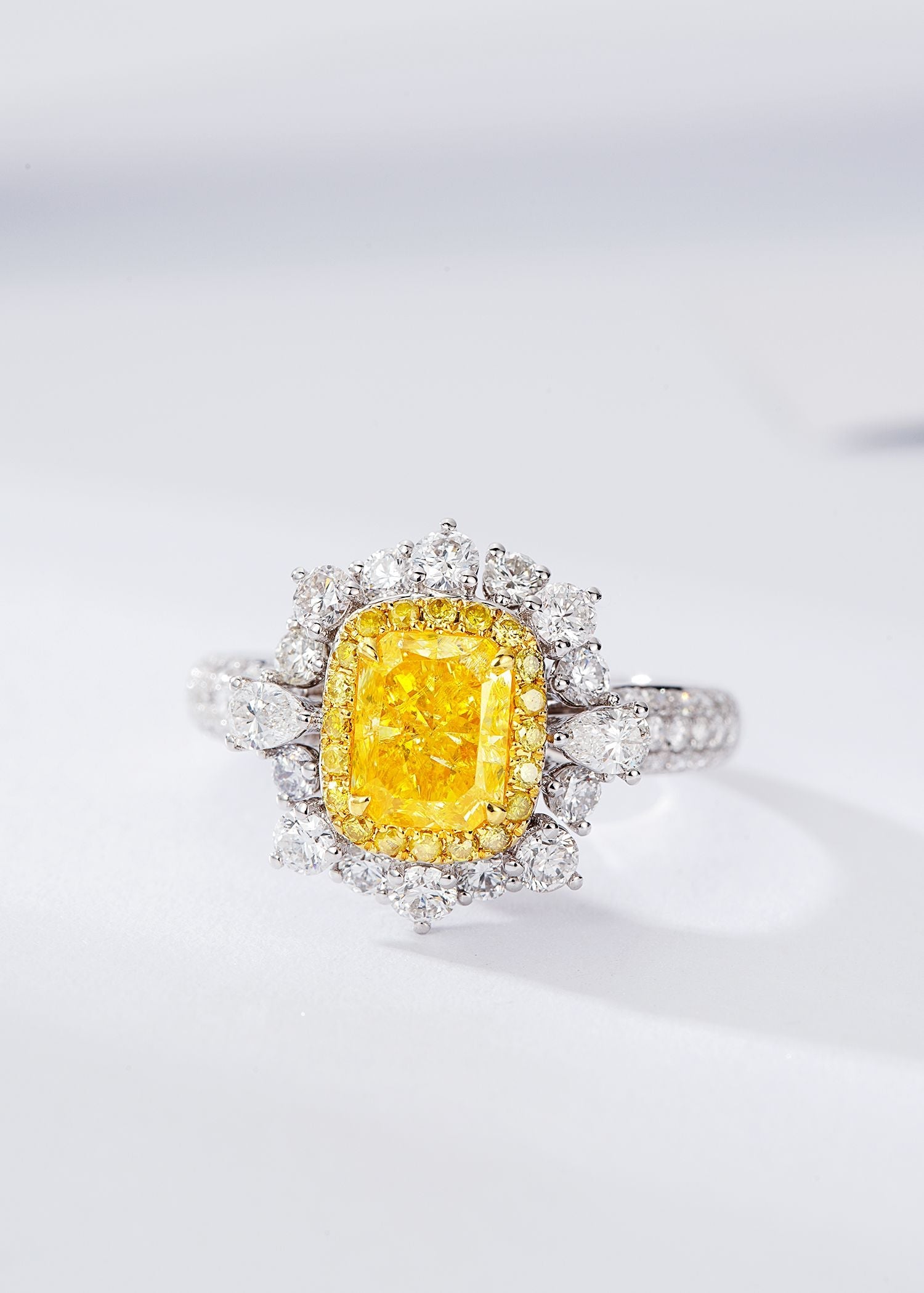 Luxury Cushion-Cut Yellow Diamond Ring with Round Diamonds - Premium Jewelry - Yellow Diamond Ring