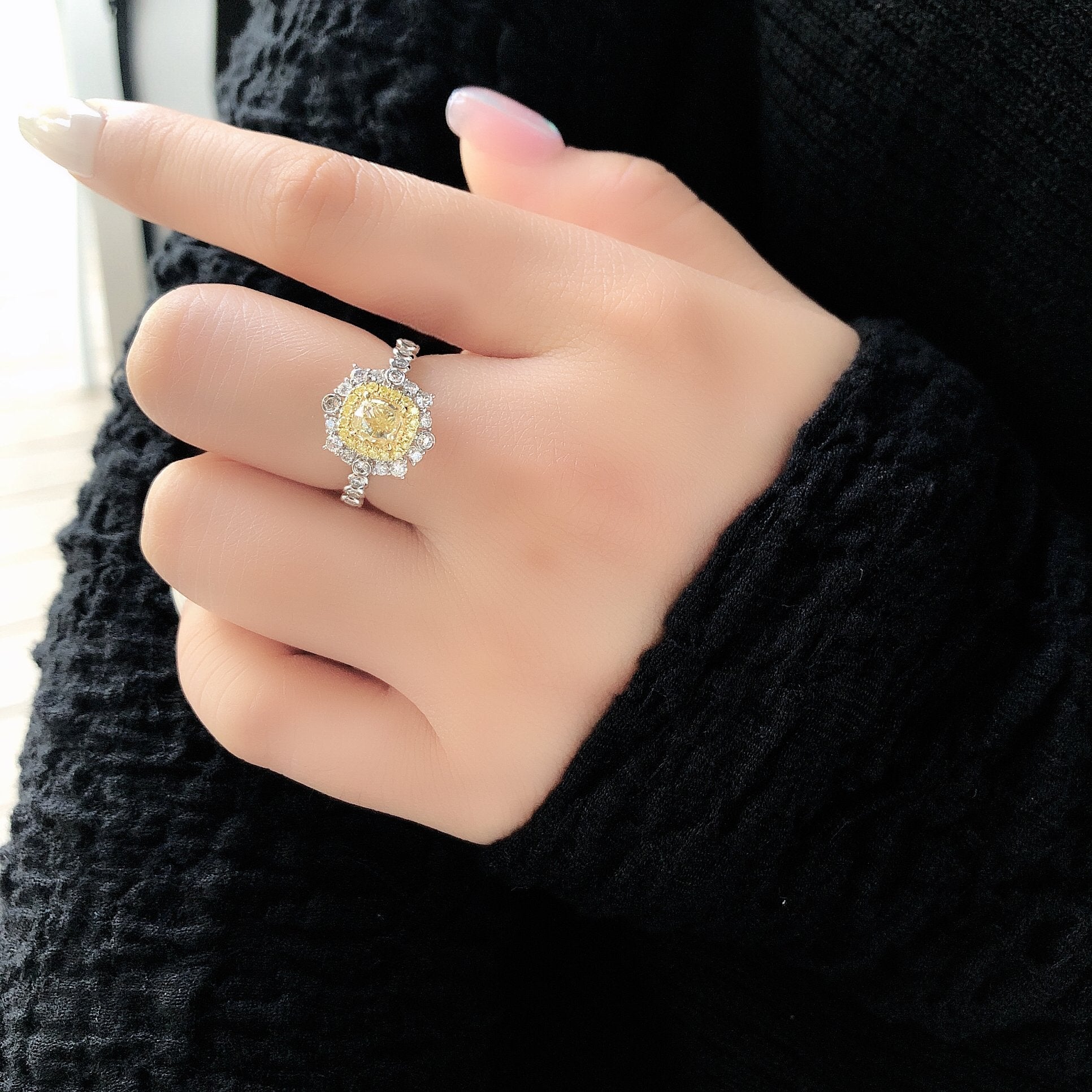 Luxury Diamond Ring with Cushion Design - Premium Jewelry Collection - Yellow Diamond Ring