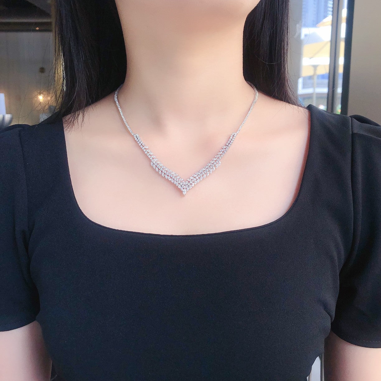 Marquise Cut Diamond V-Shaped Pendant Set - Exquisite Jewelry - White Diamond Necklace