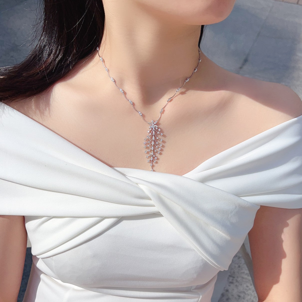 Marquise Feather Pendant Set - Premium Jewelry Piece - White Diamond Necklace