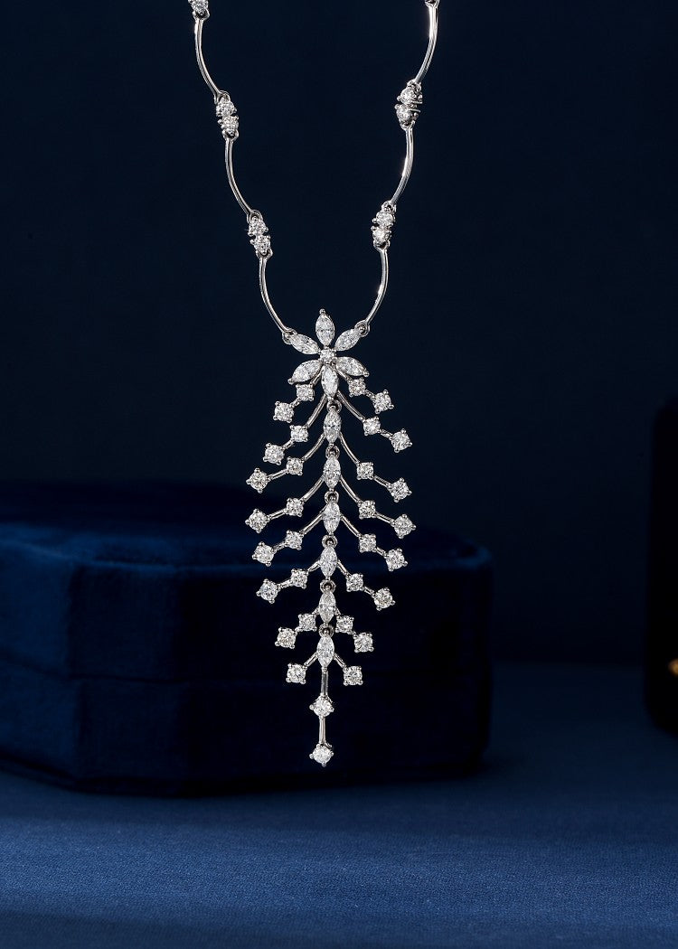 Marquise Feather Pendant Set - Premium Jewelry Piece - White Diamond Necklace