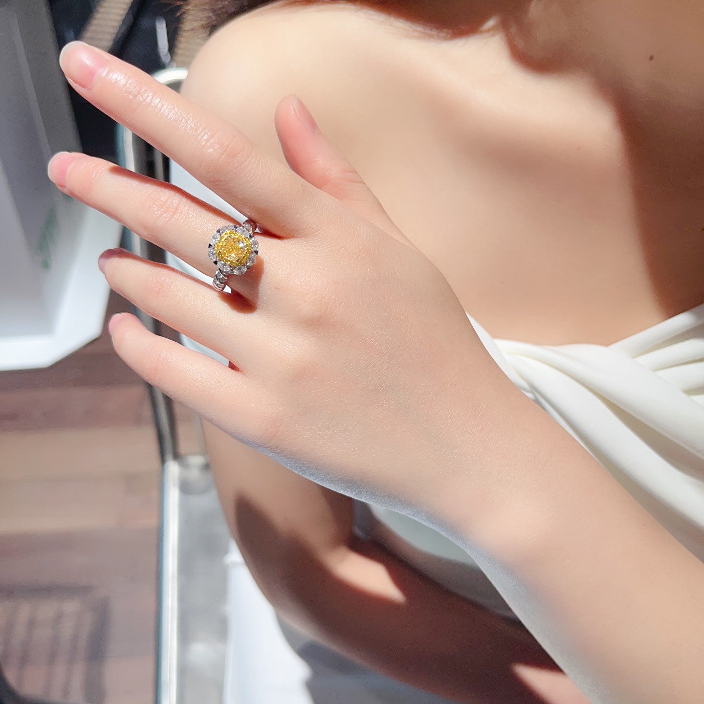 Marquise-Shaped Pillow Halo Ring - Premium Jewelry - Yellow Diamond Ring