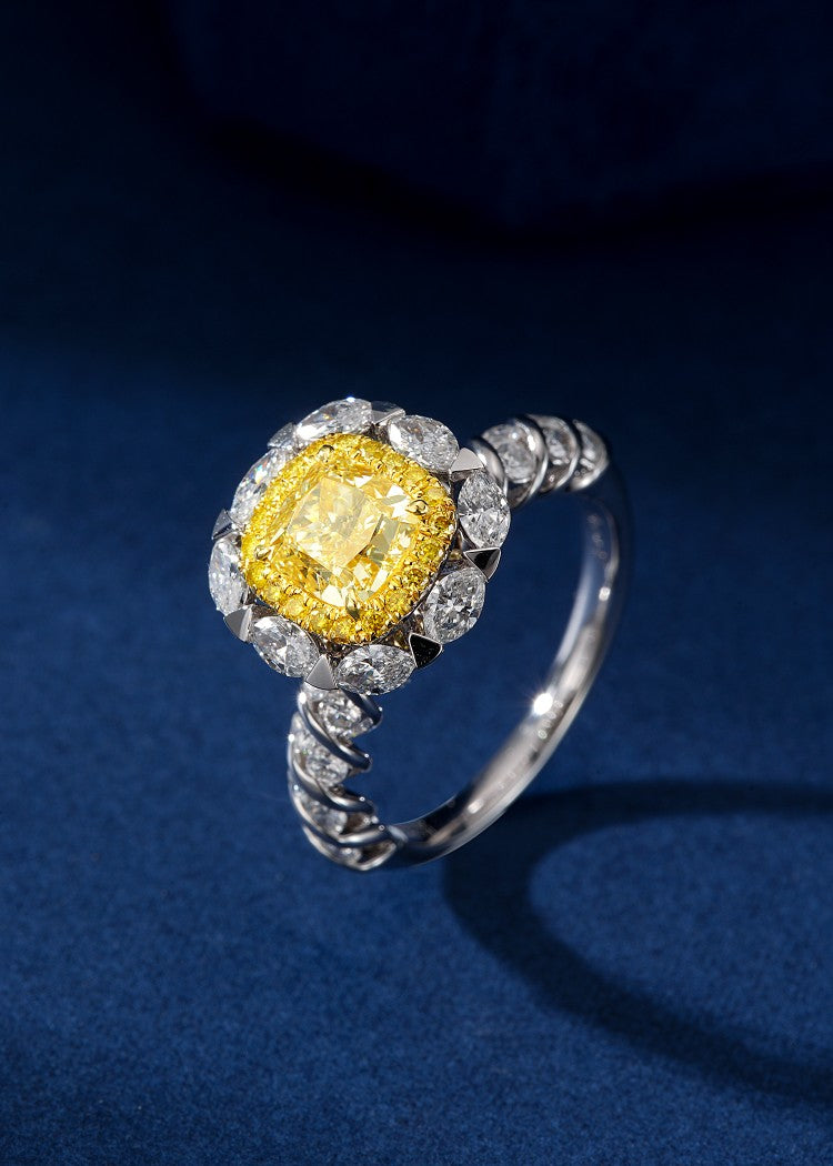 Marquise-Shaped Pillow Halo Ring - Premium Jewelry - Yellow Diamond Ring