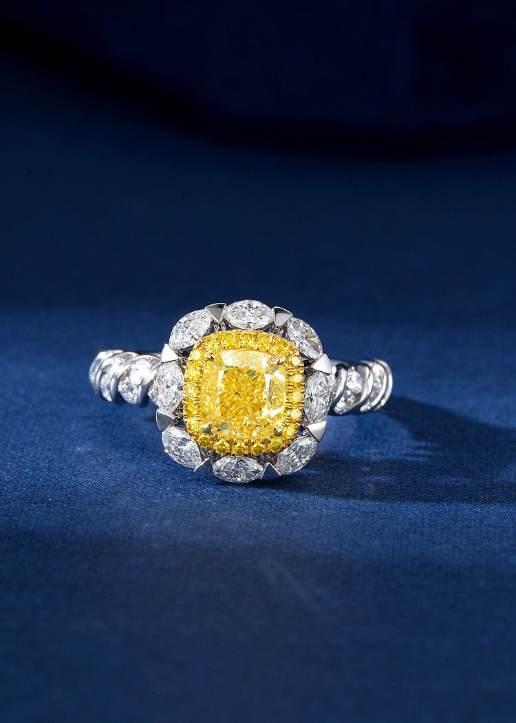 Marquise-Shaped Pillow Halo Ring - Premium Jewelry - Yellow Diamond Ring