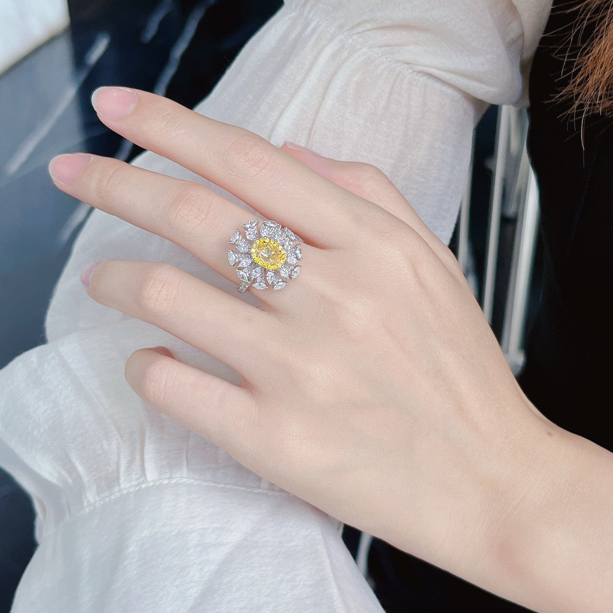 New Arrival! Celebrate with our Exquisite Yellow Diamond Oval Marquise Flower Ring - Yellow Diamond Ring