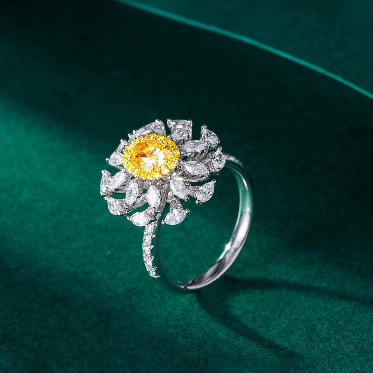 New Arrival! Celebrate with our Exquisite Yellow Diamond Oval Marquise Flower Ring - Yellow Diamond Ring