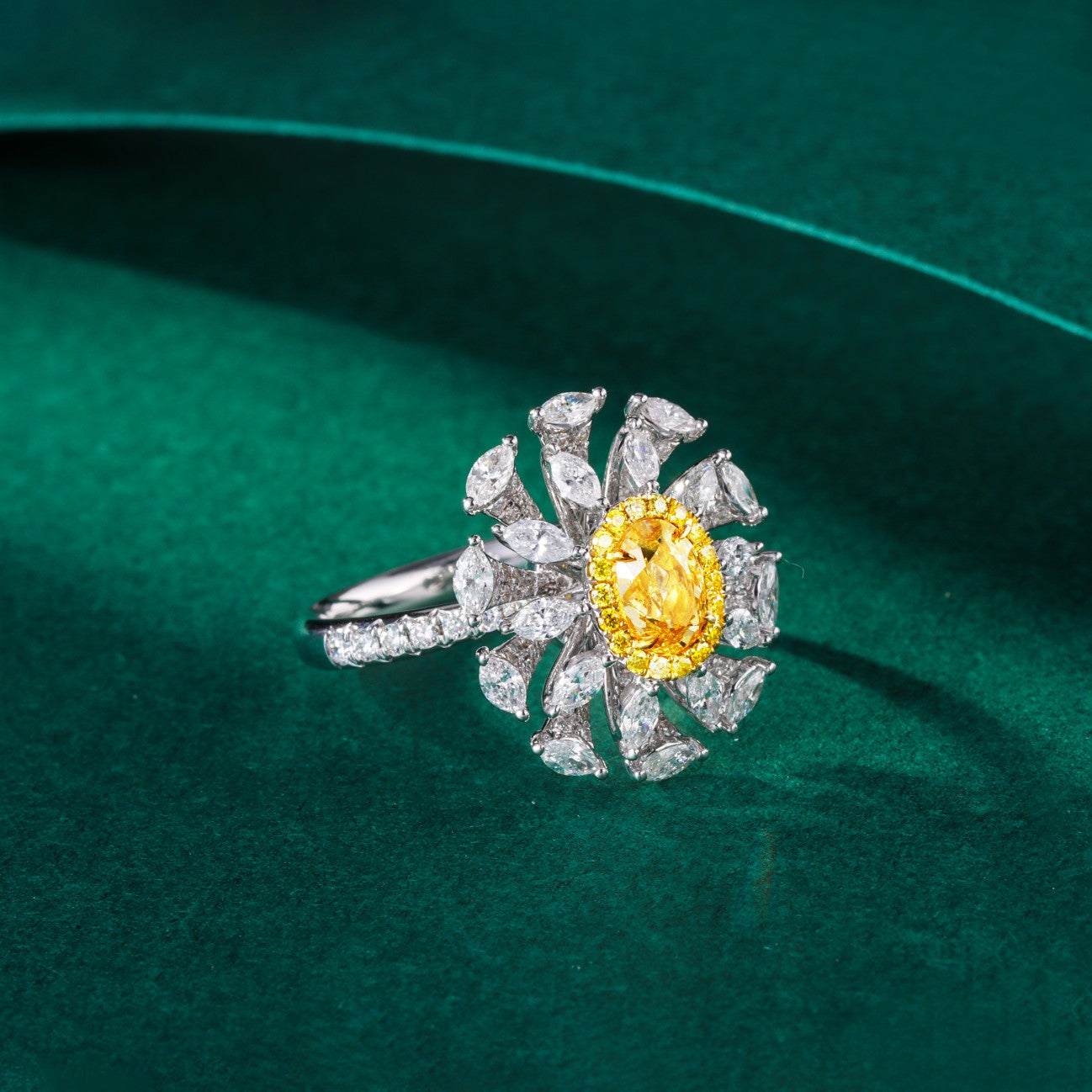 New Arrival! Celebrate with our Exquisite Yellow Diamond Oval Marquise Flower Ring - Yellow Diamond Ring