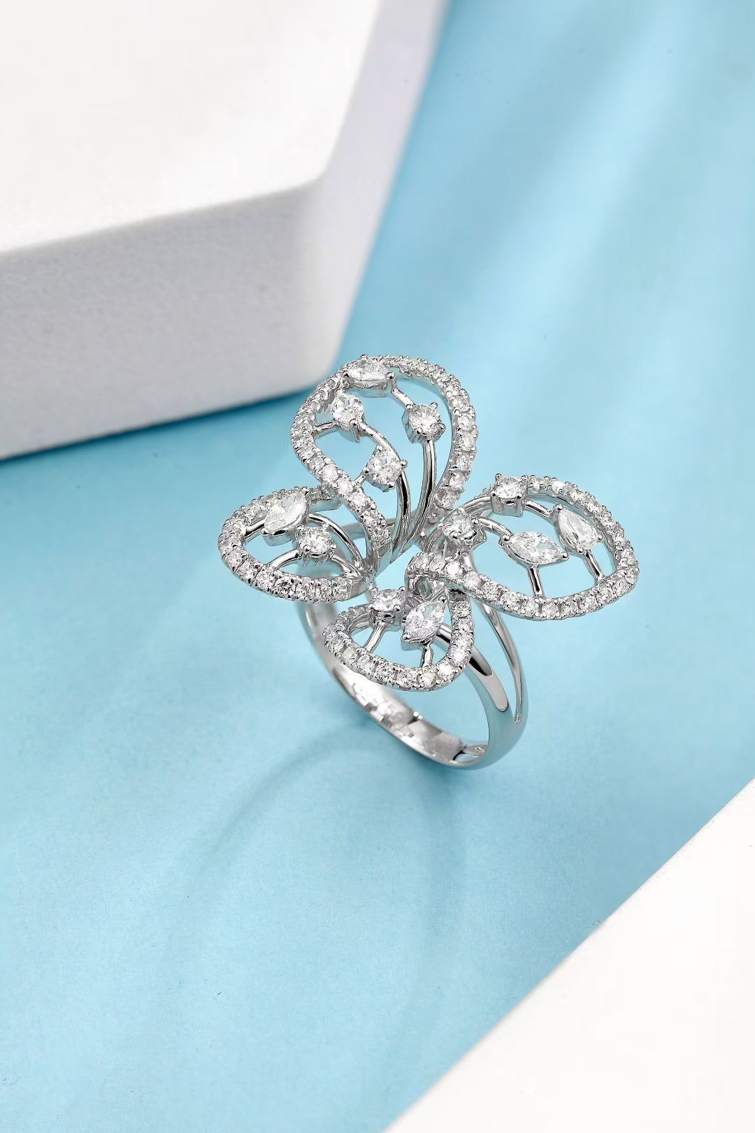 Openwork Butterfly Shaped Ring with Diamonds - Unique Jewelry Piece - White Diamond Ring