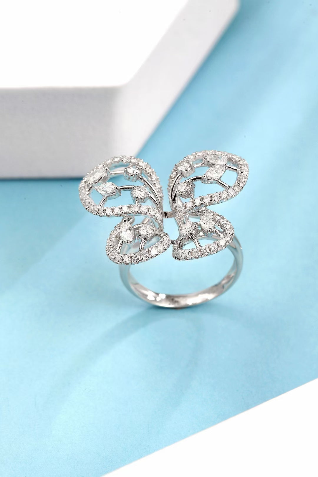 Openwork Butterfly Shaped Ring with Diamonds - Unique Jewelry Piece - White Diamond Ring