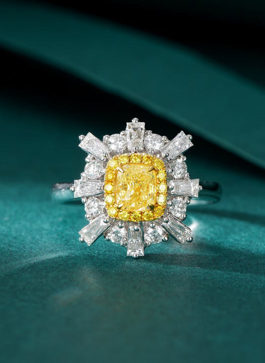 Pillow Cut Round Diamond T-Square Ring - Premium Jewelry - Yellow Diamond Ring