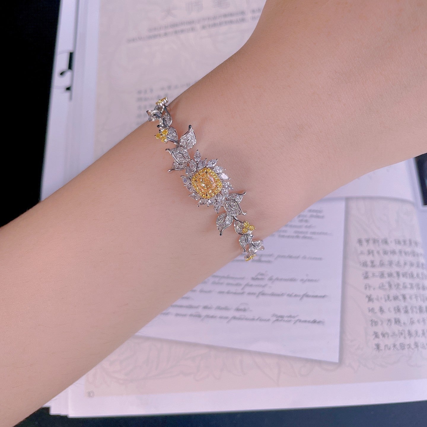 Pillow-Shaped Diamond Leaf Bracelet - Premium Jewelry - Yellow Diamond Bracelet