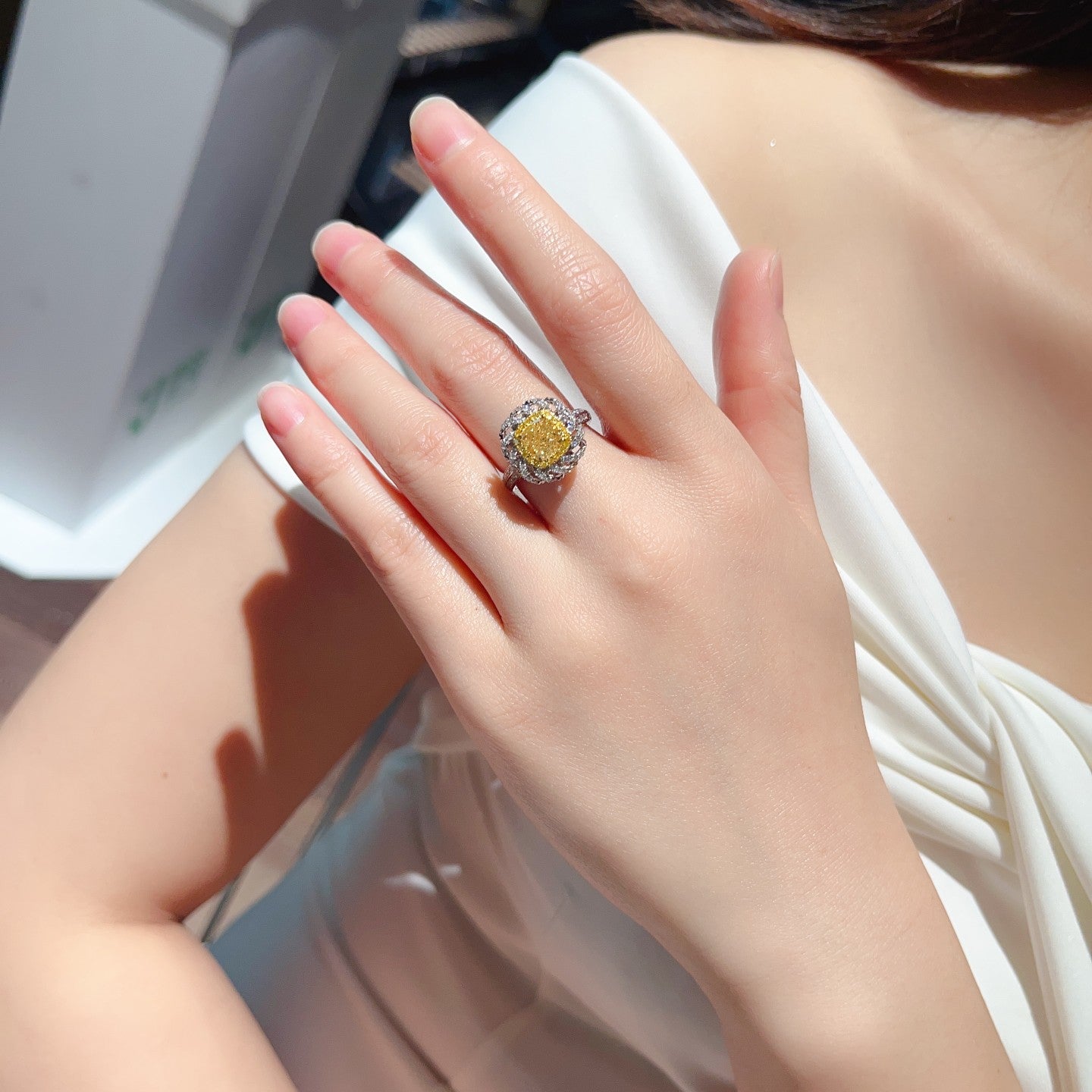 Pillow-Shaped Hemp Flower Ring - Premium Jewelry Piece - Yellow Diamond Ring