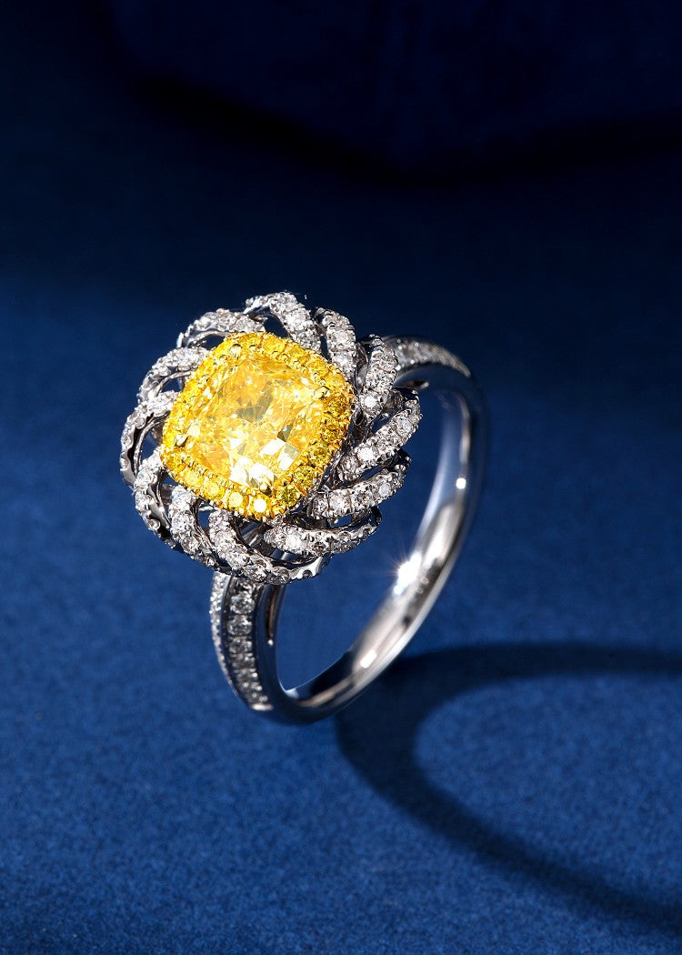 Pillow-Shaped Hemp Flower Ring - Premium Jewelry Piece - Yellow Diamond Ring