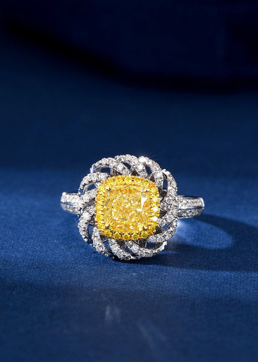 Pillow-Shaped Hemp Flower Ring - Premium Jewelry Piece - Yellow Diamond Ring