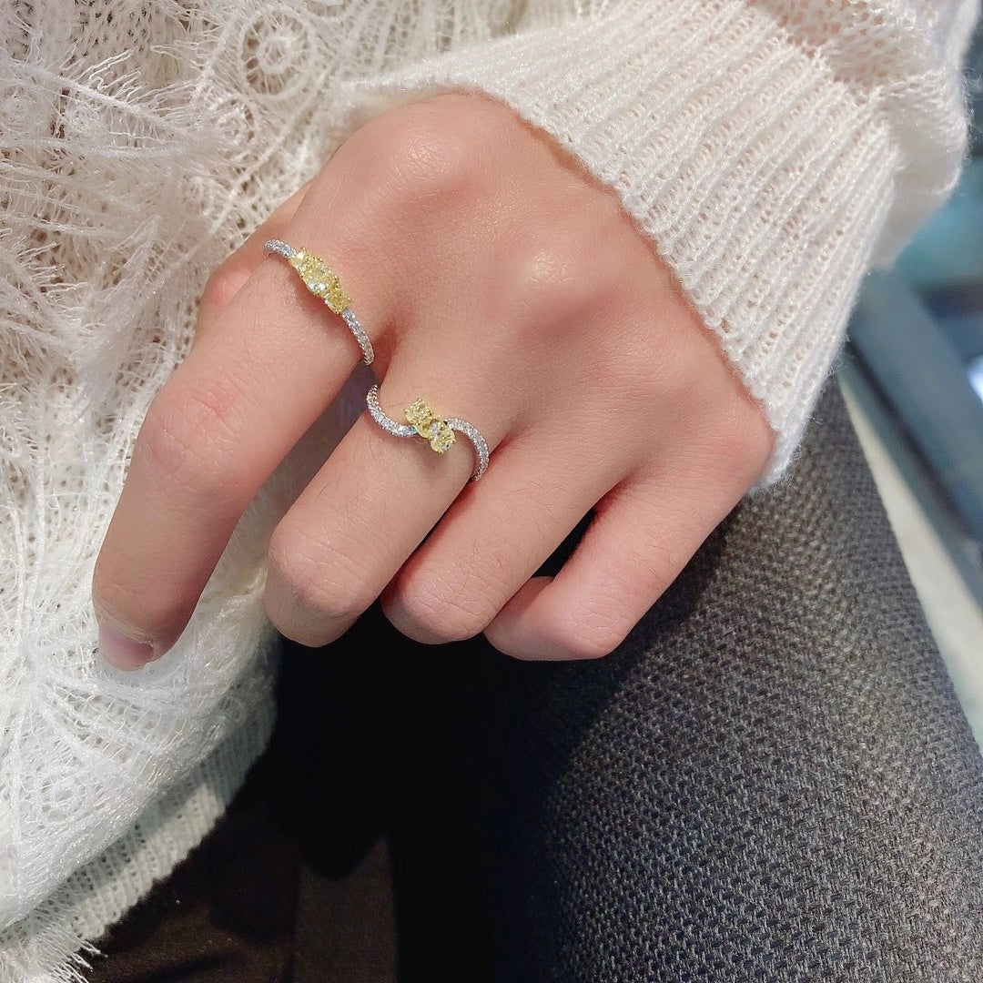 Pillow-Shaped Straight Arm Ring with Three Yellow Diamonds | Premium Jewelry - Yellow Diamond Ring