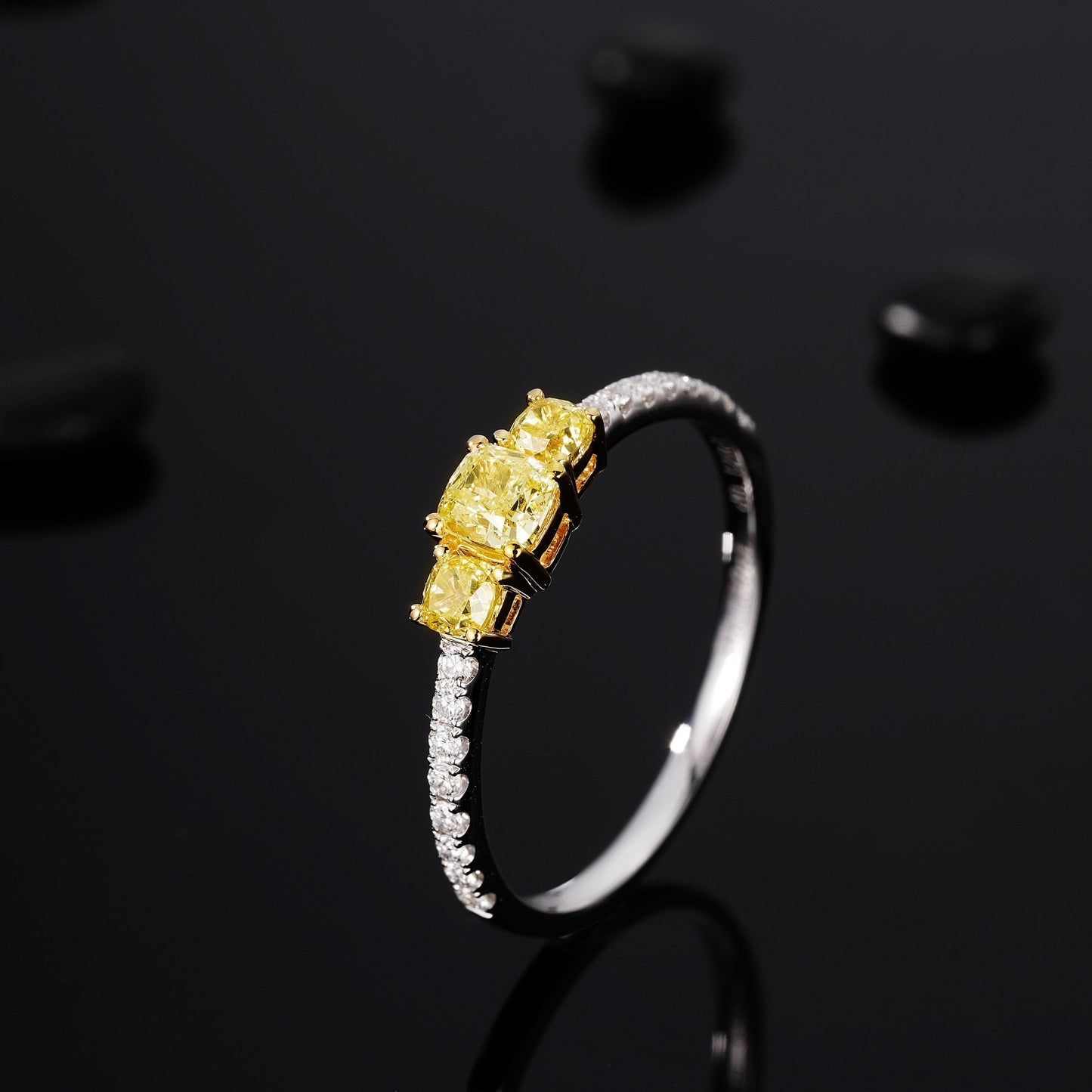 Pillow-Shaped Straight Arm Ring with Three Yellow Diamonds | Premium Jewelry - Yellow Diamond Ring