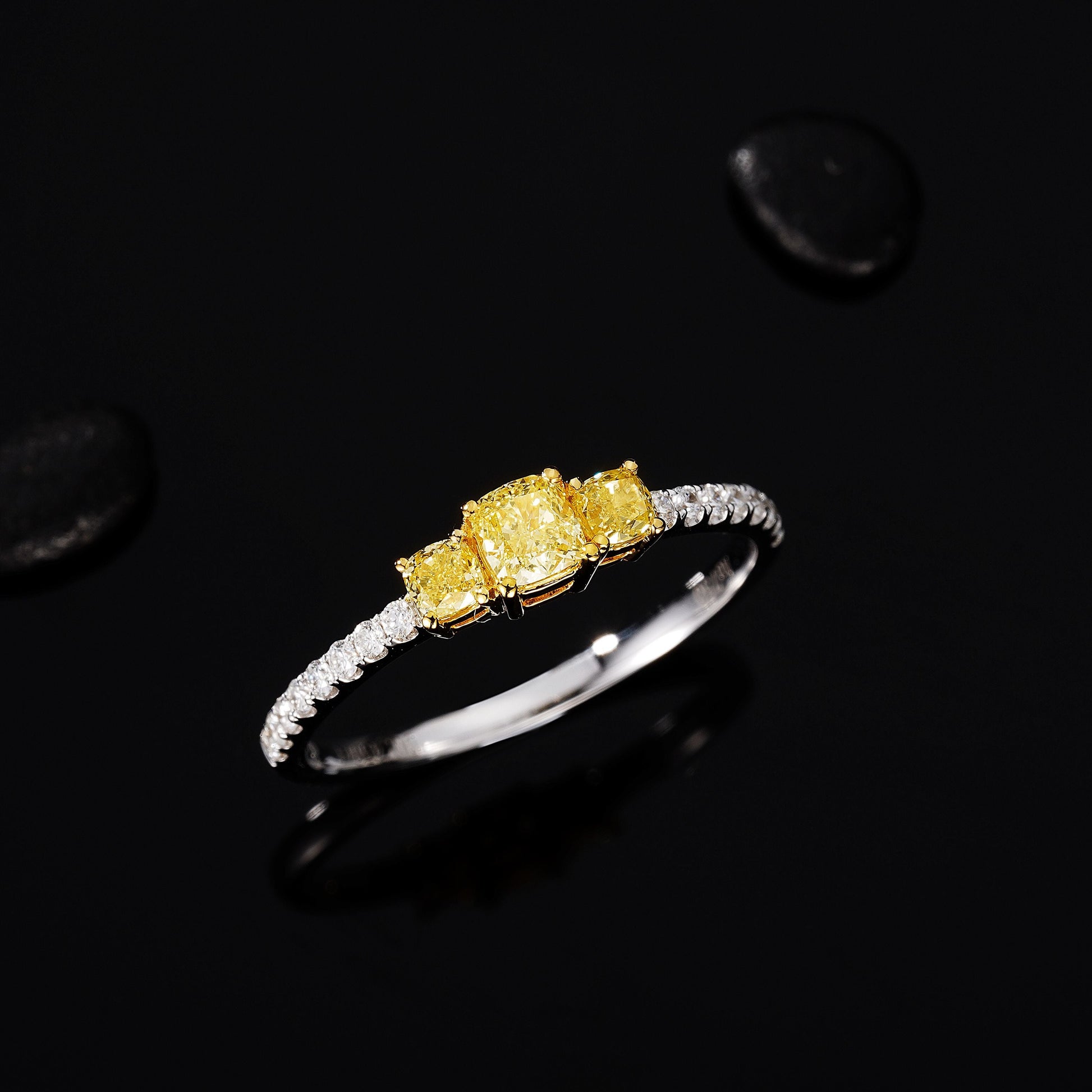 Pillow-Shaped Straight Arm Ring with Three Yellow Diamonds | Premium Jewelry - Yellow Diamond Ring