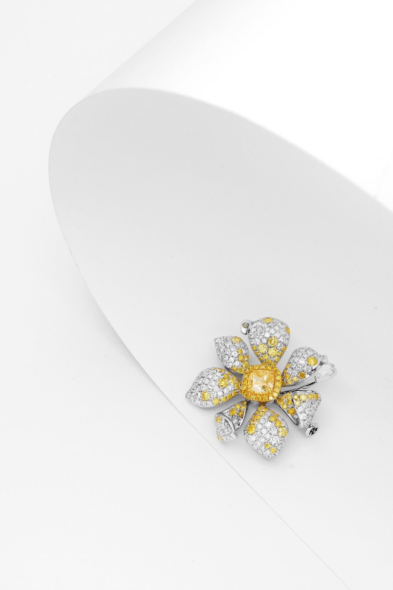 Pillow-Shaped Yellow Diamond Brooch with Yellow Flowers - Premium Jewelry - Brooch