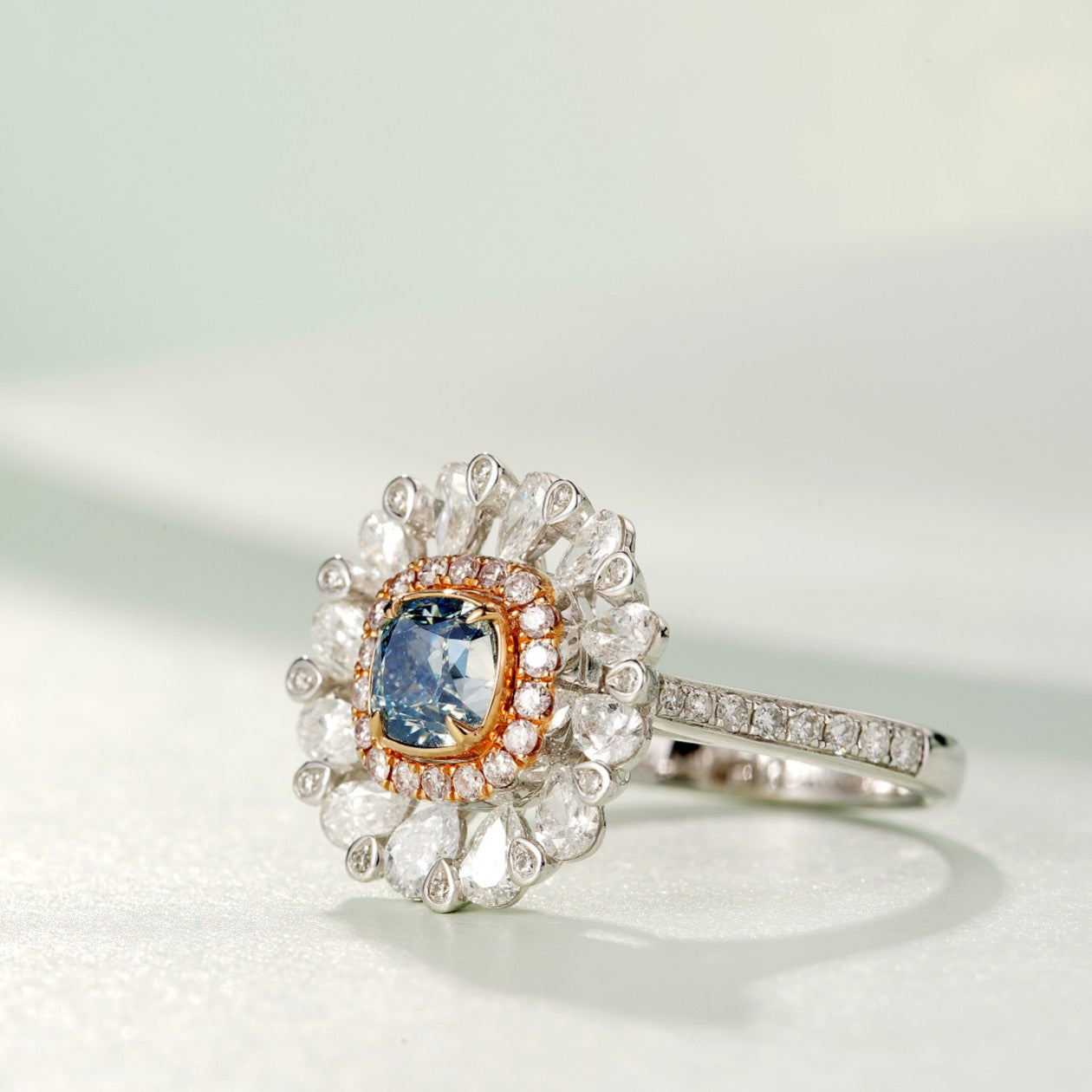 Premium Cushion-Cut Diamond Ring with Blue Sapphire - Luxury Jewelry - Blue Diamond Ring