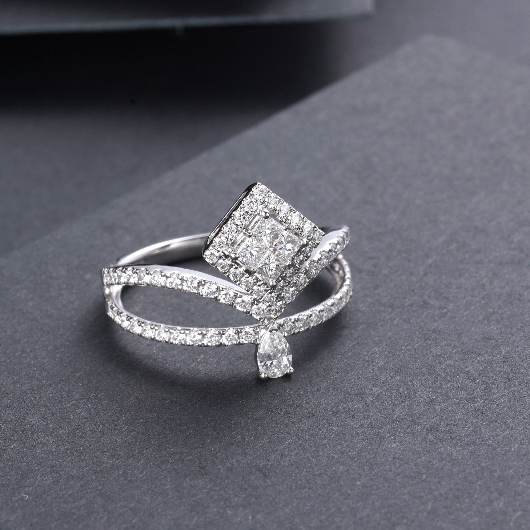 Princess Square Crown Ring - Fine Jewelry Piece - White Diamond Ring