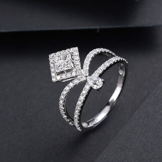 Princess Square Crown Ring - Fine Jewelry Piece - White Diamond Ring