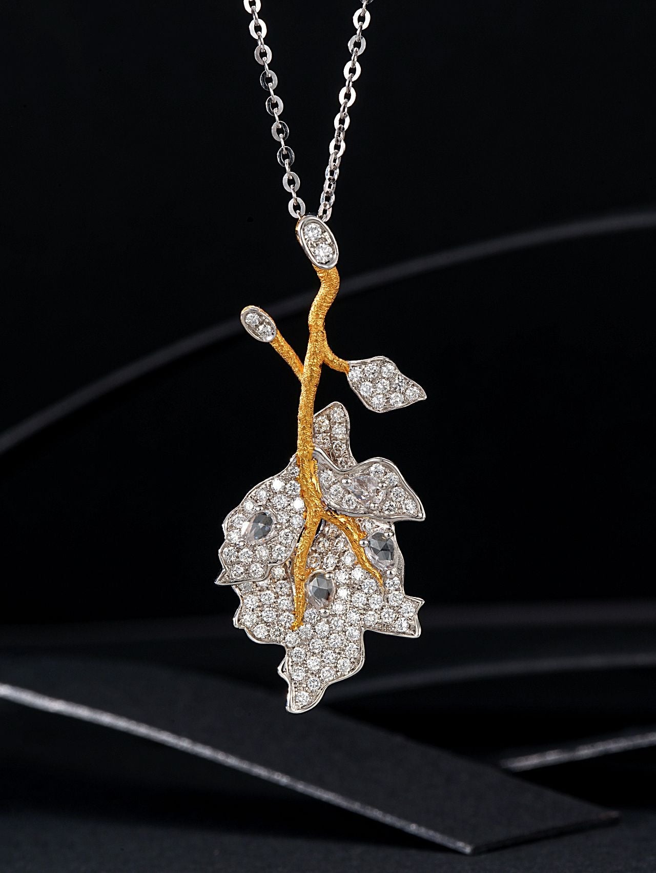 Rose Leaf Pendant Jewelry with Diamond Accent - White Diamond Pendant