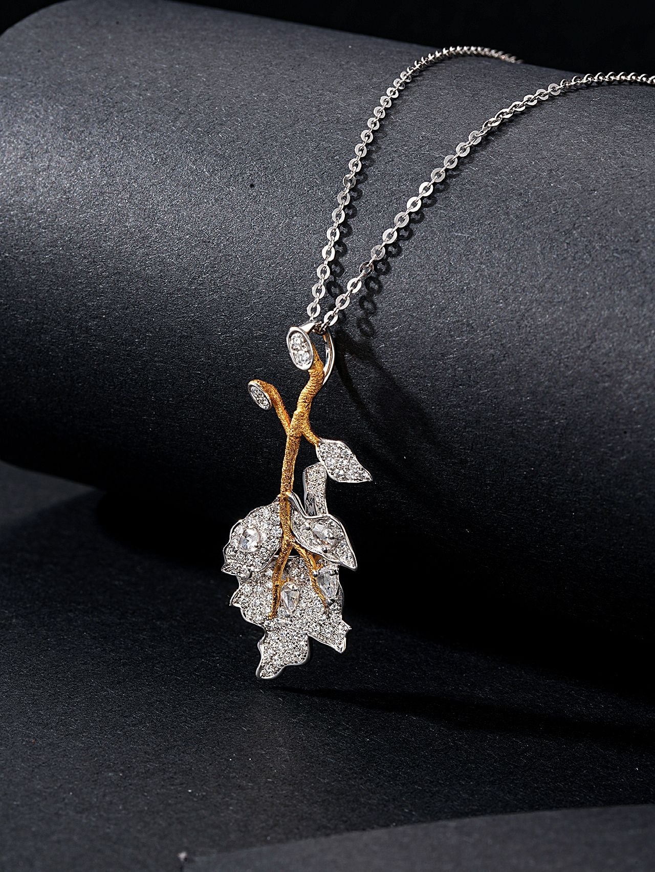 Rose Leaf Pendant Jewelry with Diamond Accent - White Diamond Pendant