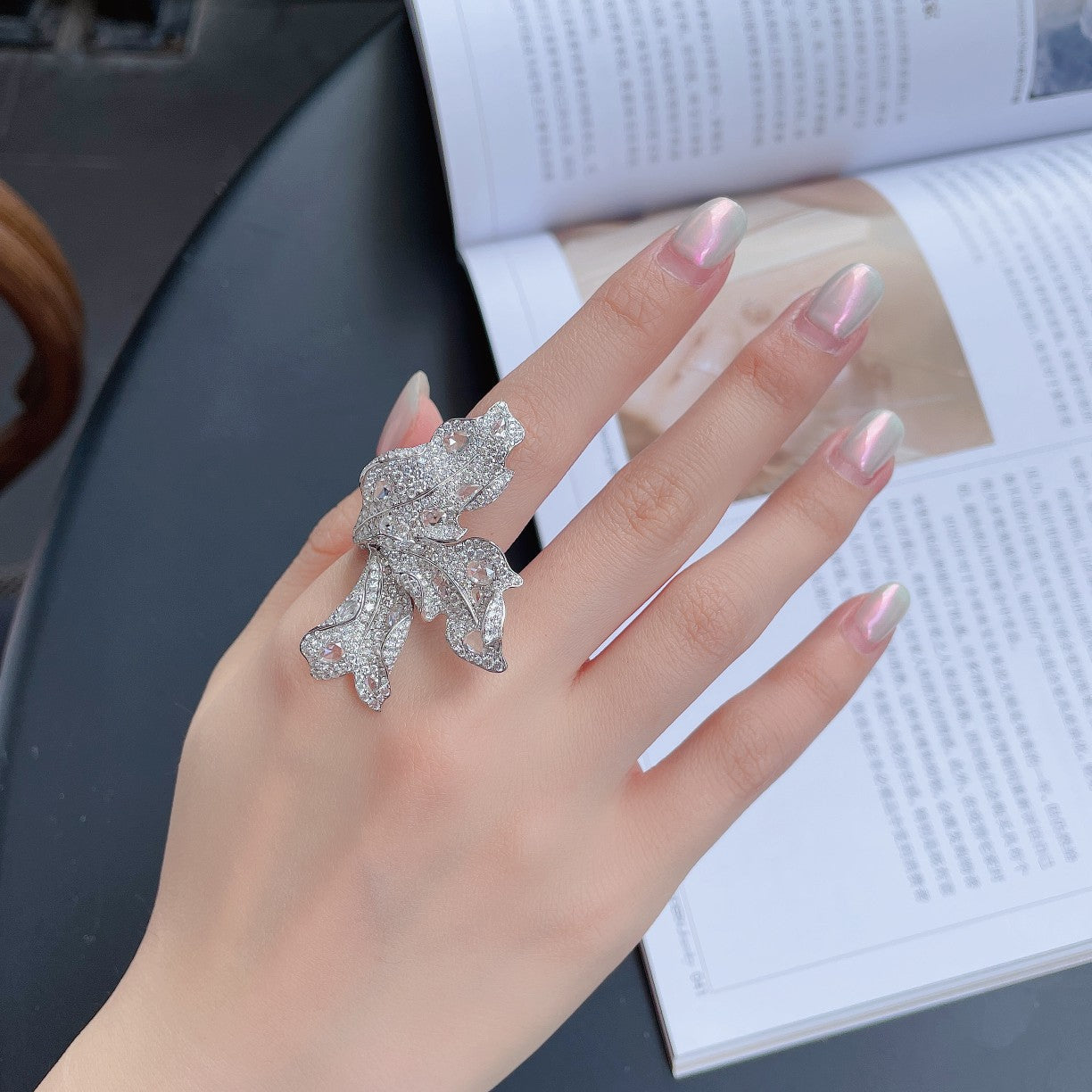 Rose Leaf Ring - Exquisite Jewelry Collection - White Diamond Ring