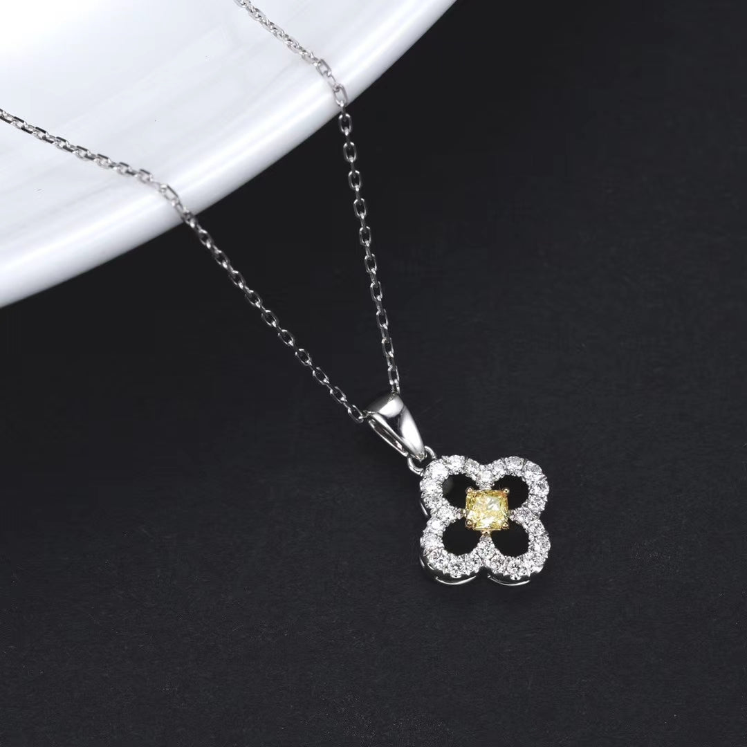 Single Four-Leaf Diamond Pendant - Premium Jewelry - Yellow Diamond Pendant