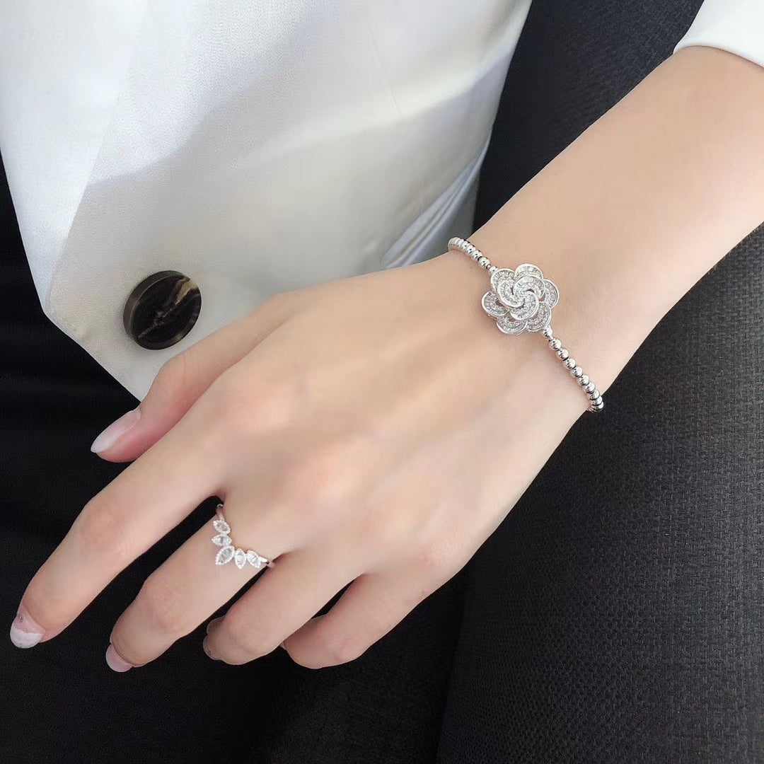 Small Double-Layer Flower Bracelet - Fine Jewelry Piece - White Diamond Bracelet