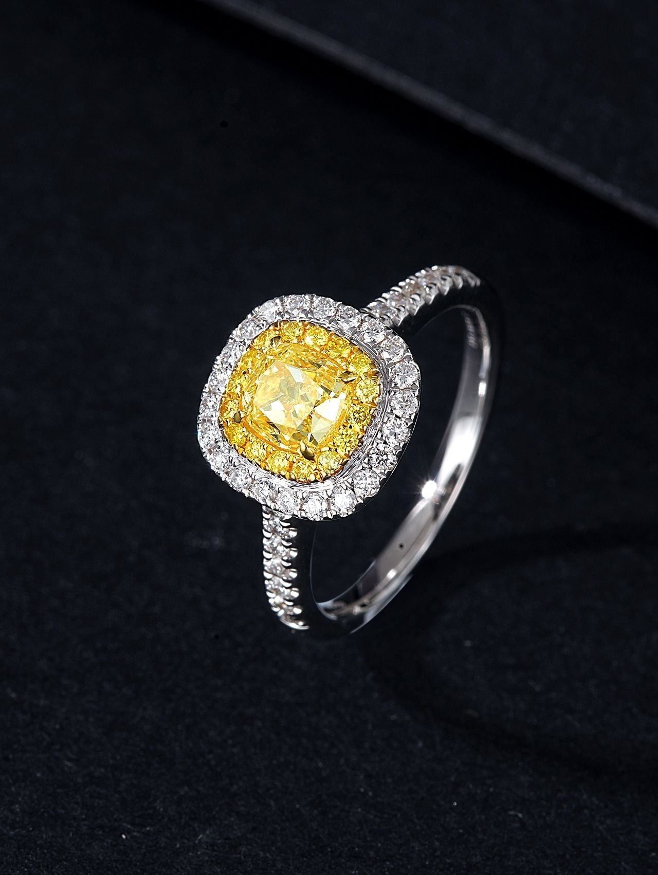 Sparkling Cushion-Cut Diamond Ring with Diamond Halo - Luxury Jewelry - Yellow Diamond Ring