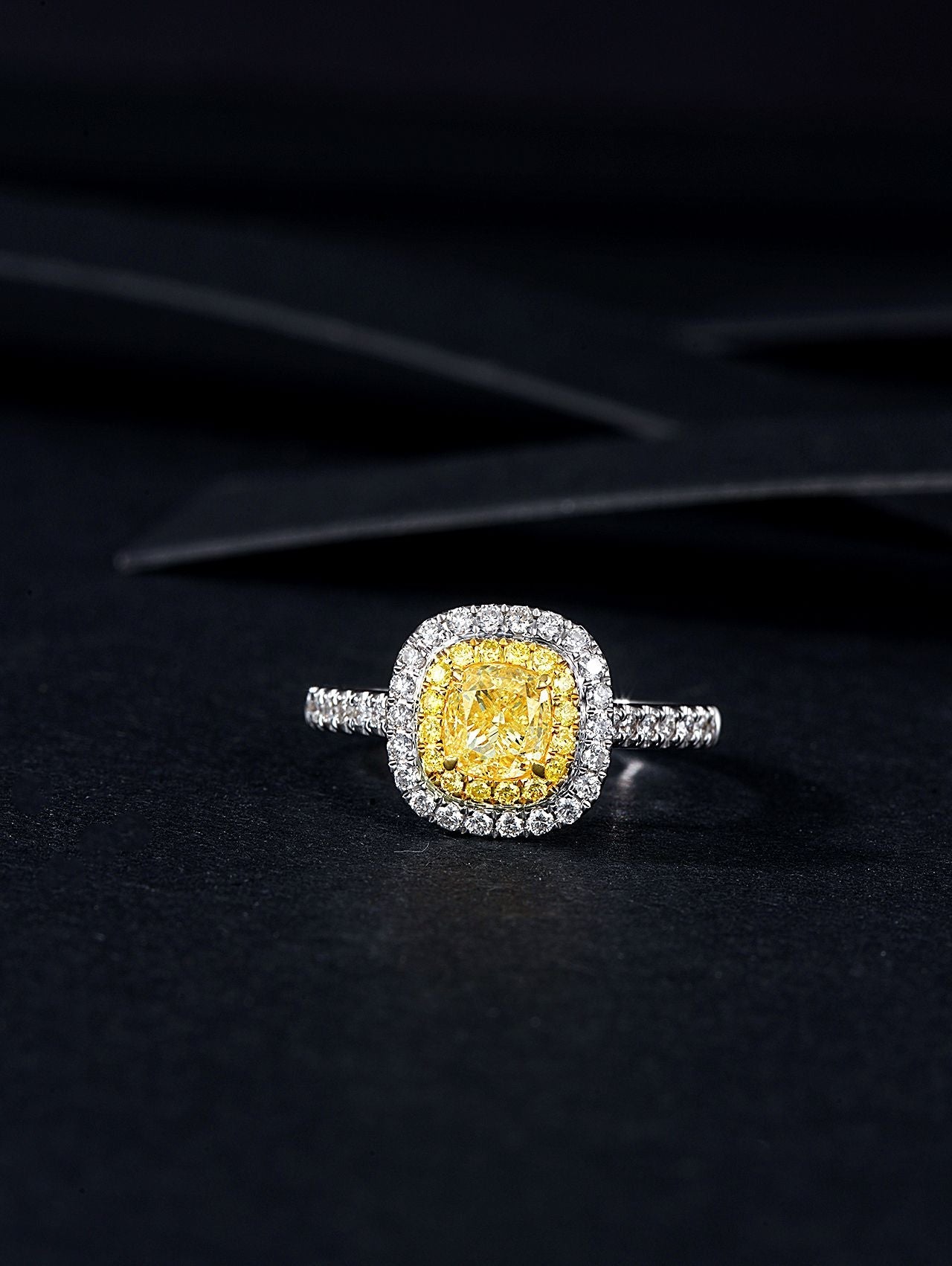 Sparkling Cushion-Cut Diamond Ring with Diamond Halo - Luxury Jewelry - Yellow Diamond Ring