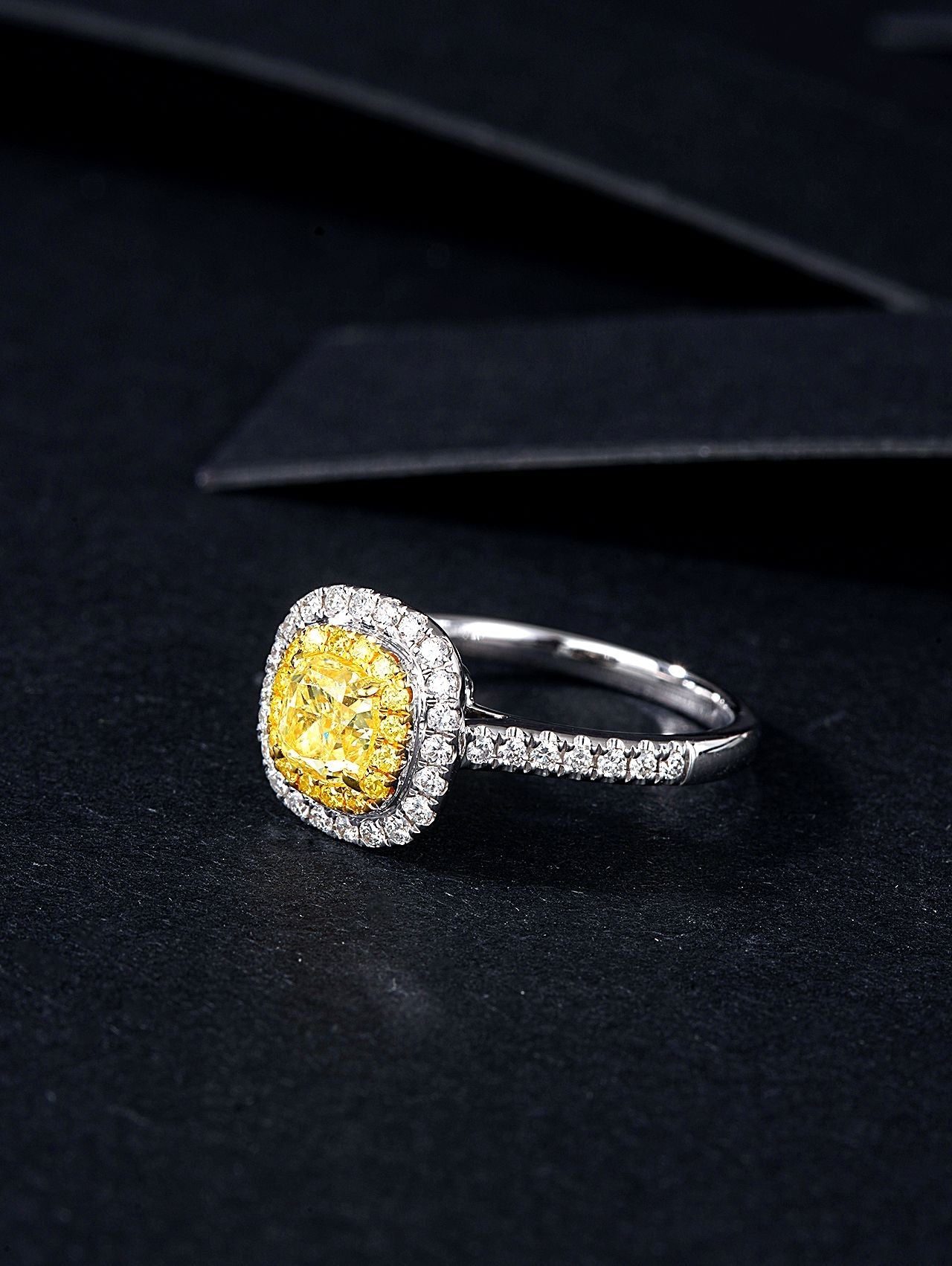 Sparkling Cushion-Cut Diamond Ring with Diamond Halo - Luxury Jewelry - Yellow Diamond Ring